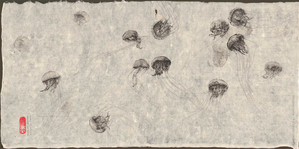 Pelagia noctiliuca 3 100x50cm Carta di soia - Gyitaku, Acrilico 2022