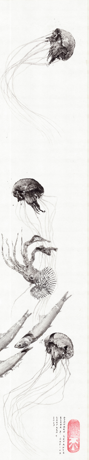 Lampara 1 20x97 cm Carta kozo Gyotaku, Acrilico 2023